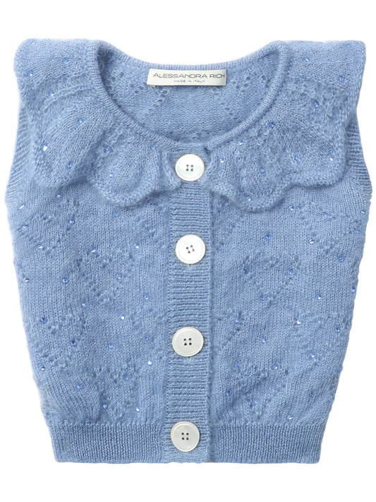 Ruffled-Neck Crop Knitted Top