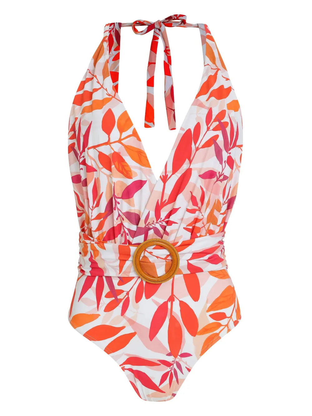 Leaf-Print Belted Swimsuit