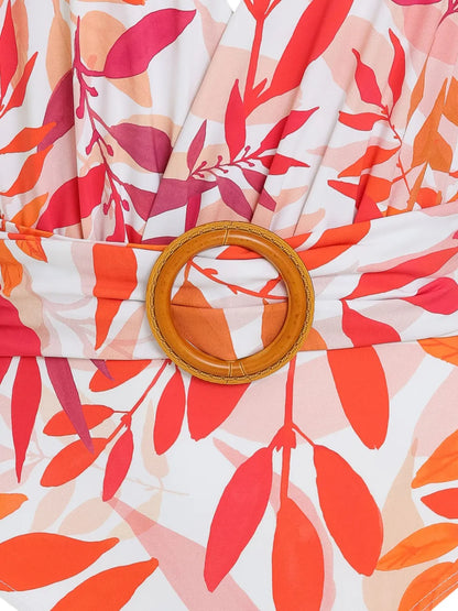 Leaf-Print Belted Swimsuit