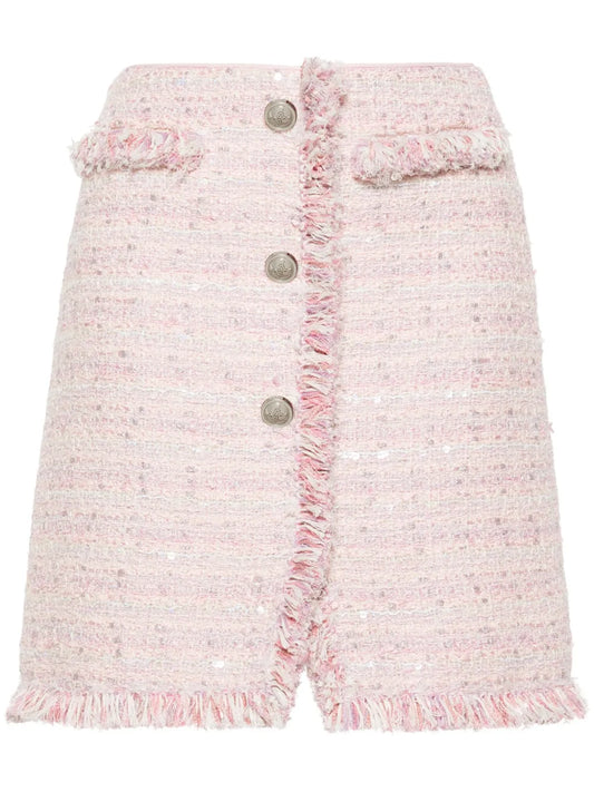 Frayed High-Waist Tweed Miniskirt