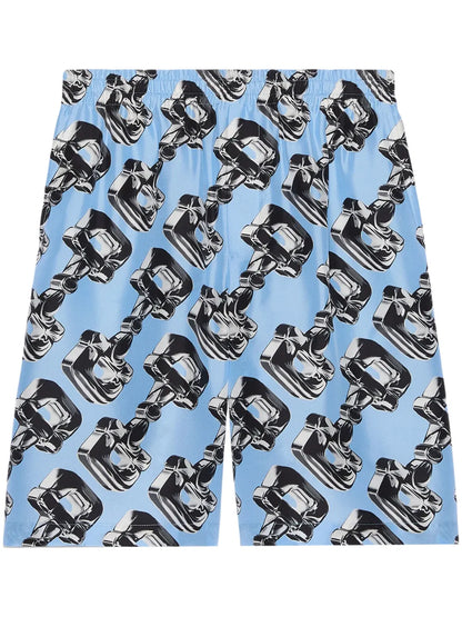 3D Glass Horsebit-Print Silk Shorts