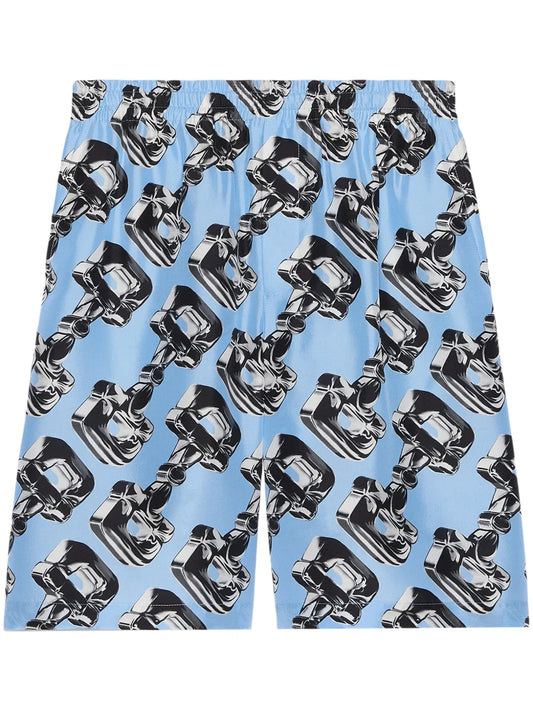 3D Glass Horsebit-Print Silk Shorts