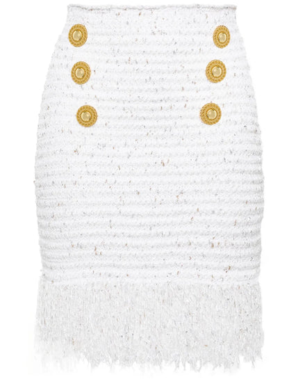 6-Button Fringed Tweed Skirt