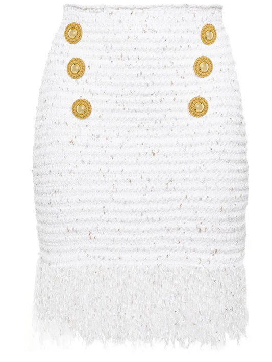 6-Button Fringed Tweed Skirt