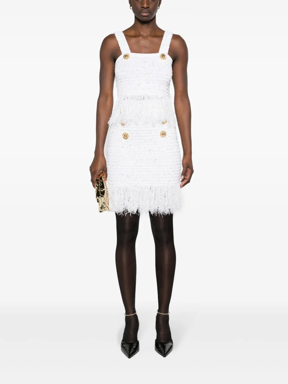 6-Button Fringed Tweed Skirt