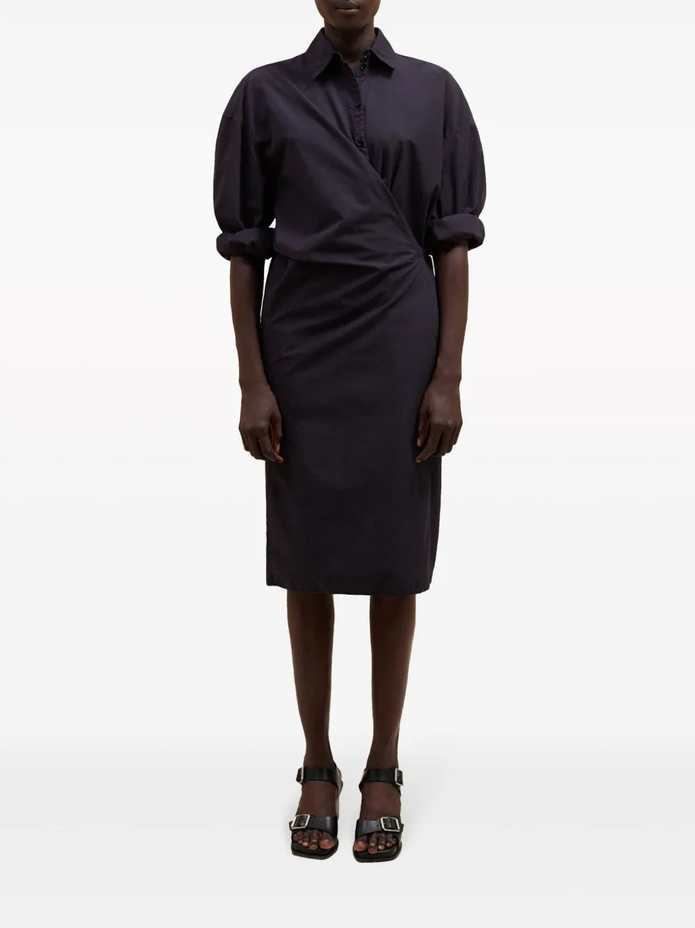 Straight-Collar Twisted Midi Dress