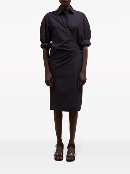 Straight-Collar Twisted Midi Dress