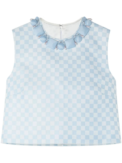 Checkerboard-Print Beaded Crop Top