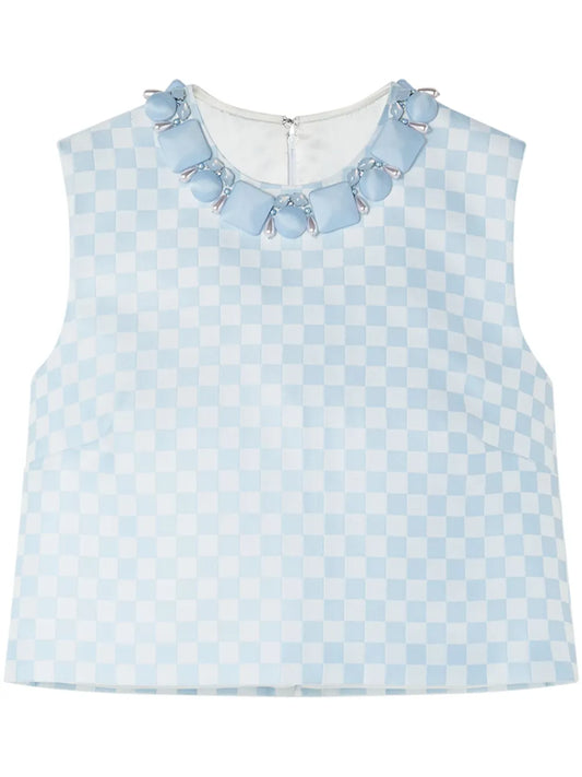 Checkerboard-Print Beaded Crop Top