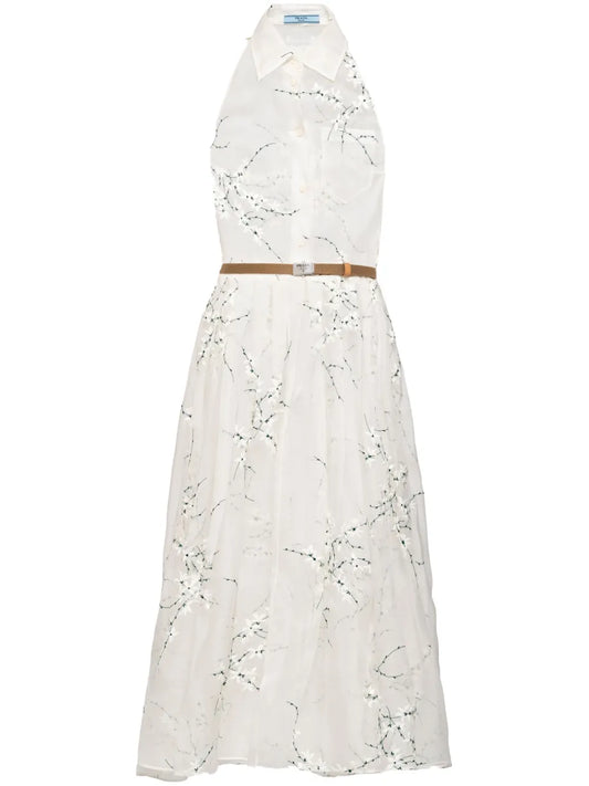 Floral-Embroidered Silk Midi Dress