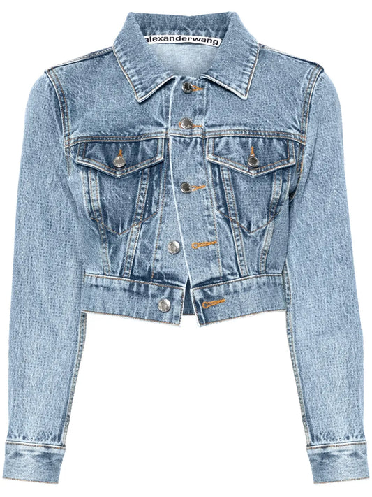 Bead-Embellished Cropped Denim Jacket