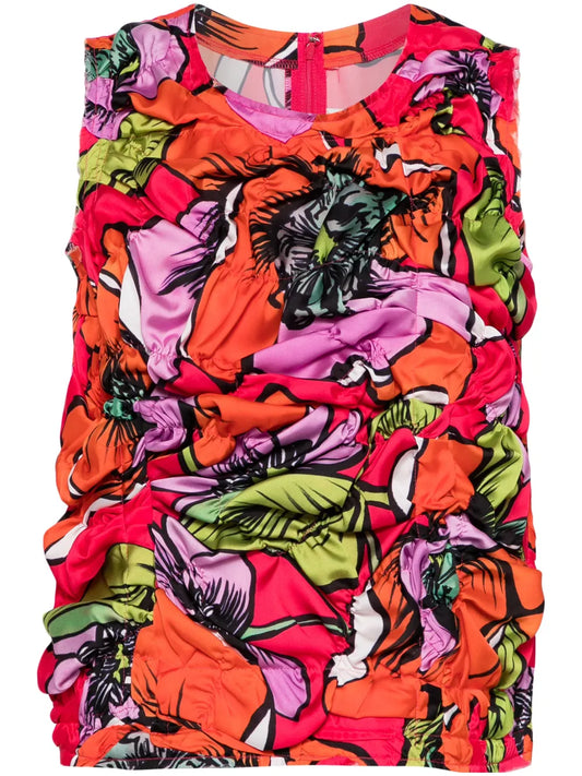 Gathered Floral-Print Tank Top