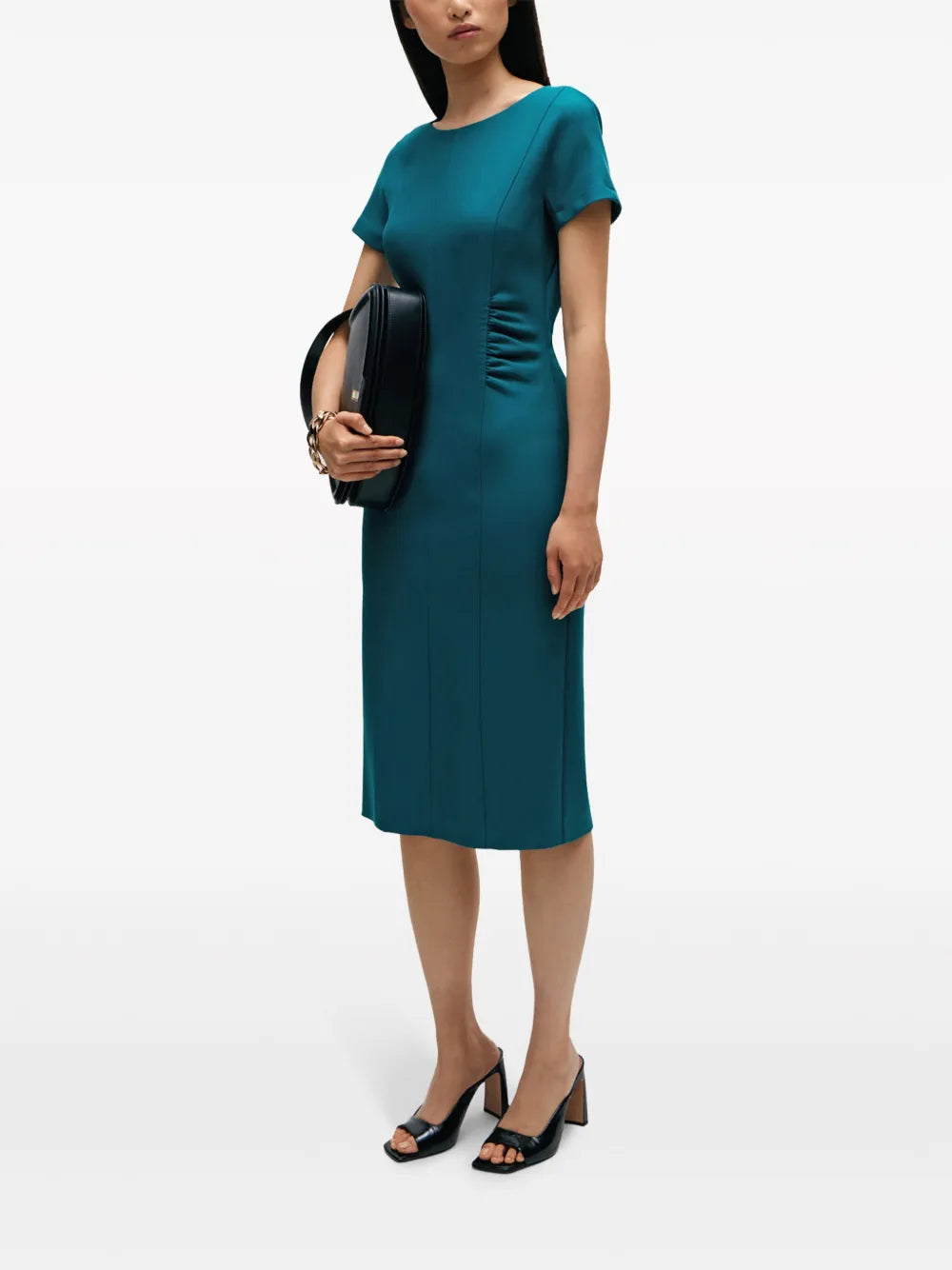 Short-Sleeve Ruched Midi Dress