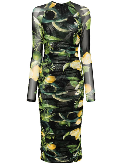 Lemon-Print Ruched Midi Dress
