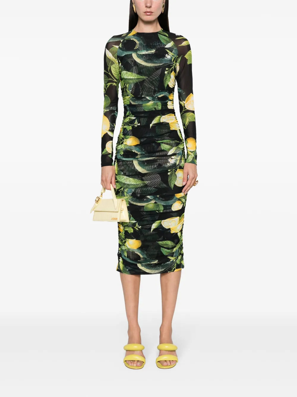 Lemon-Print Ruched Midi Dress