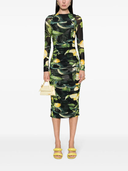 Lemon-Print Ruched Midi Dress