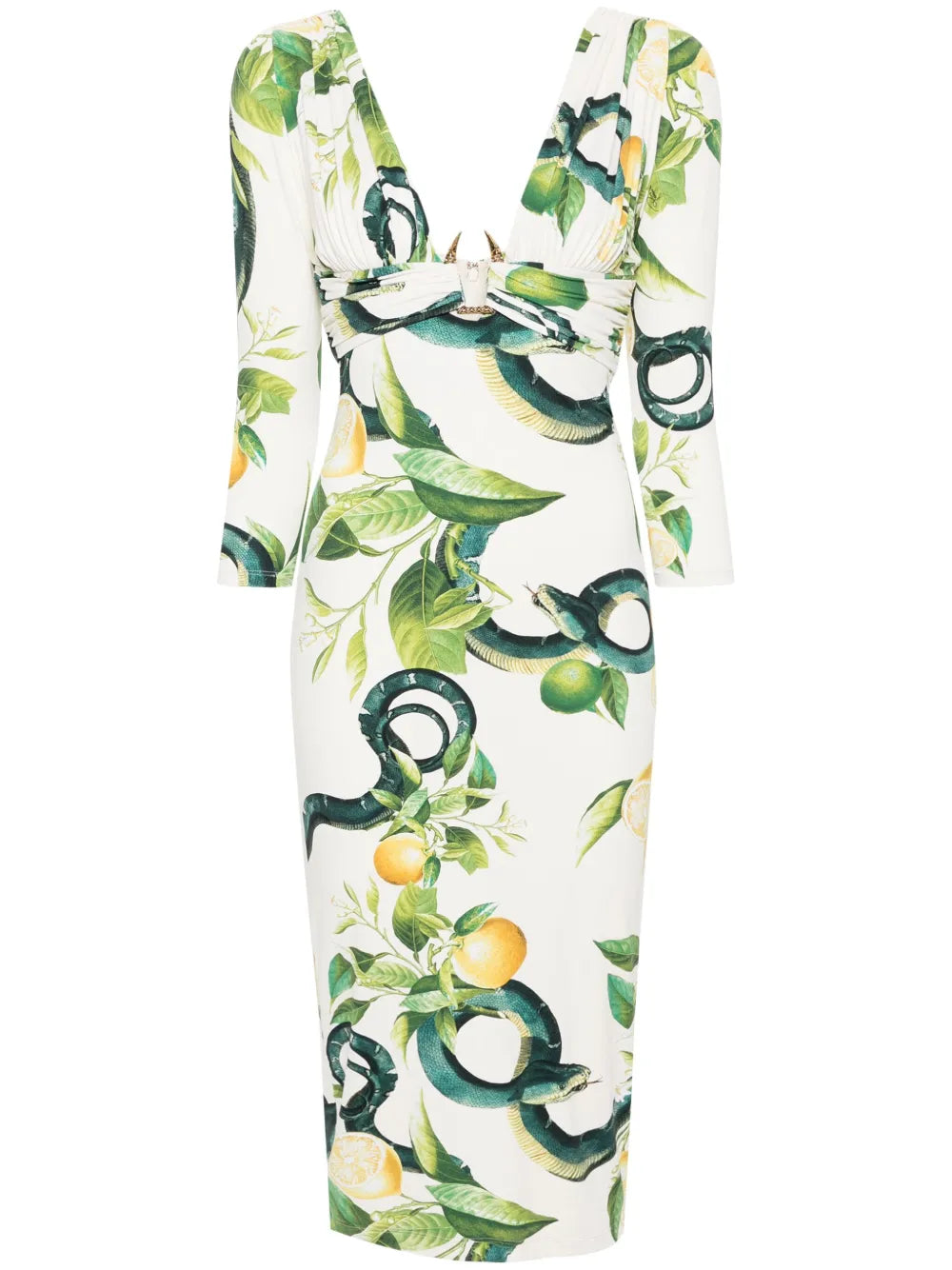 Tiger Tooth-Detailed Snake-Print Midi Dress