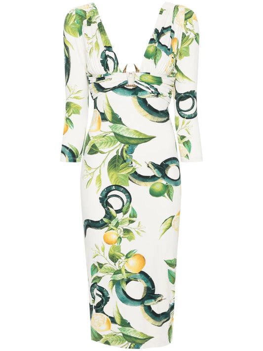 Tiger Tooth-Detailed Snake-Print Midi Dress
