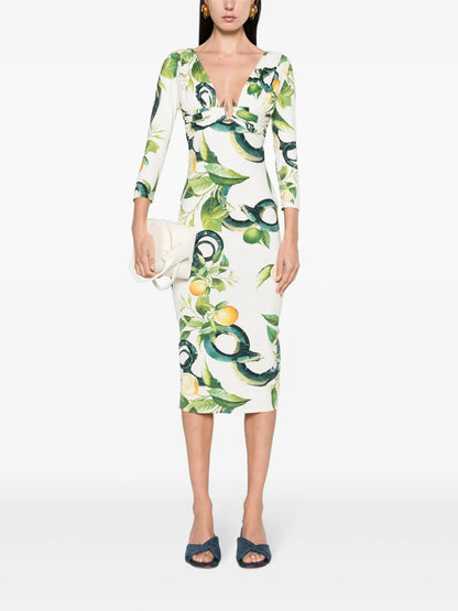 Tiger Tooth-Detailed Snake-Print Midi Dress