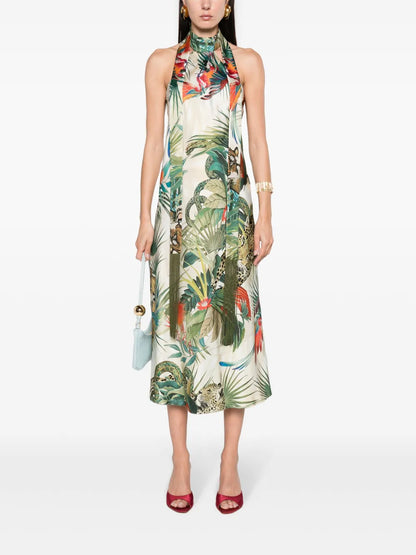 Jungle-Print Silk Midi Dress