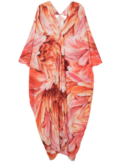 Plumage-Print V-Neck Dress
