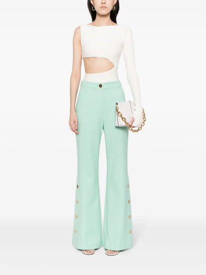 Button-Hem Tweed Flared Trousers