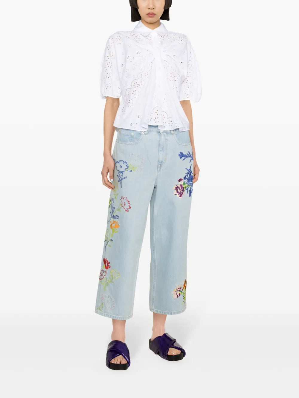 Drawn Flowers Mid-Rise Wide-Leg Jeans