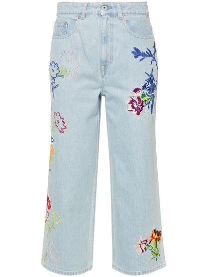 Drawn Flowers Mid-Rise Wide-Leg Jeans