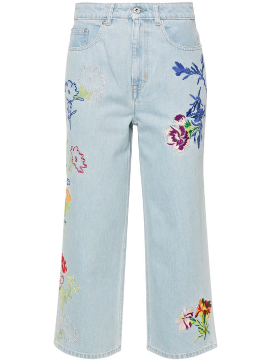 Drawn Flowers Mid-Rise Wide-Leg Jeans