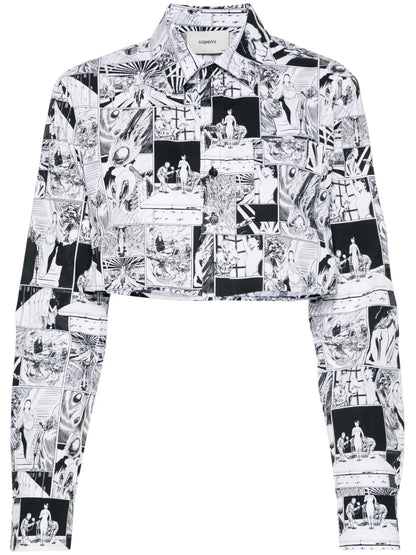 Comic Strip-Print Cropped Cotton Shirt