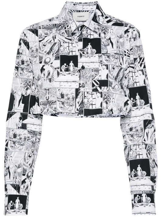 Comic Strip-Print Cropped Cotton Shirt