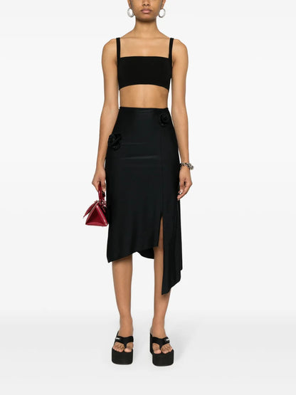 Floral-Appliqué Asymmetric Midi Skirt