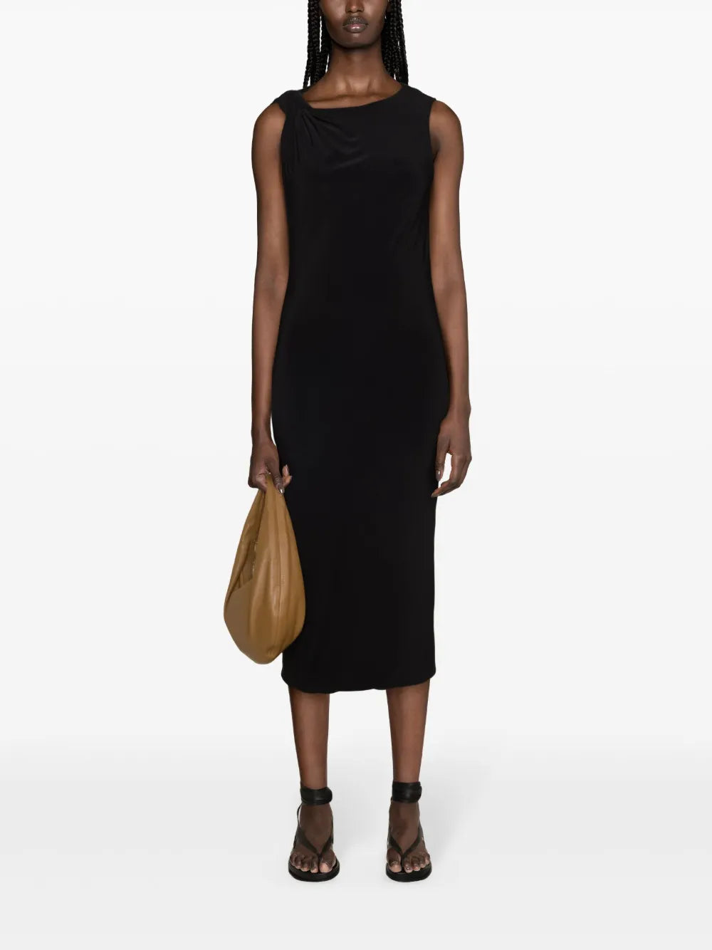 Asymmetric-Neck Sleeveless Midi Dress