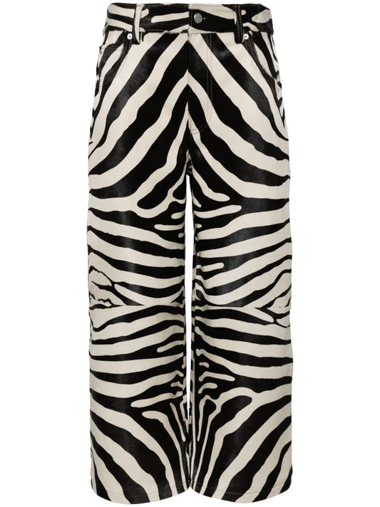 Zebra-Print Cropped Leather Trousers