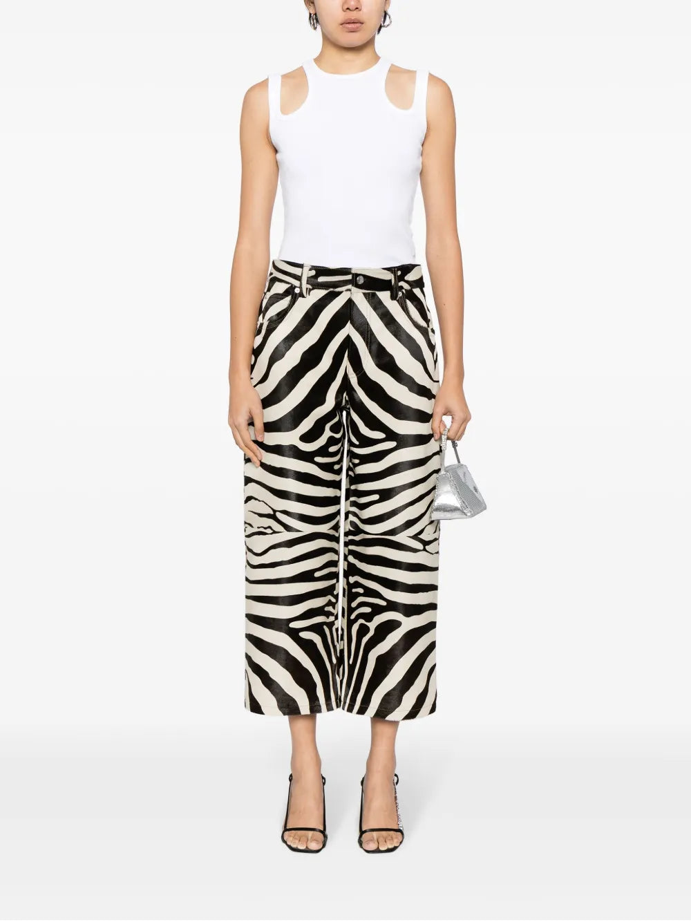 Zebra-Print Cropped Leather Trousers