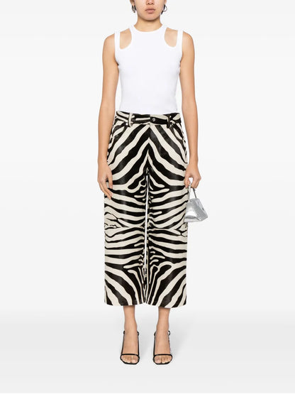 Zebra-Print Cropped Leather Trousers