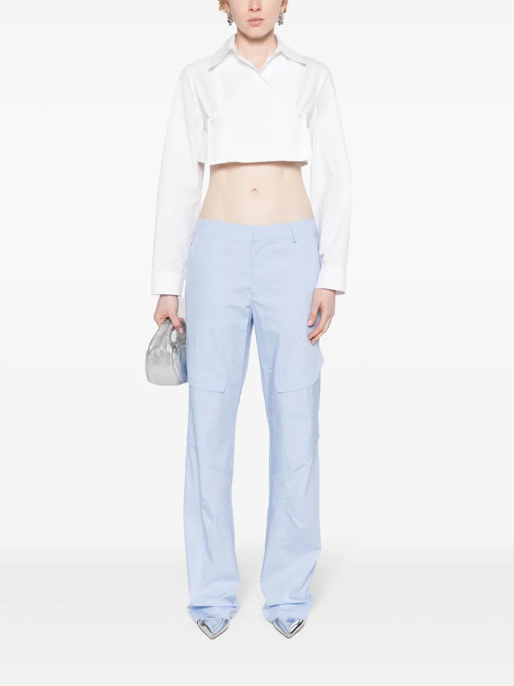 Bead-Embellished Straight Poplin Trousers