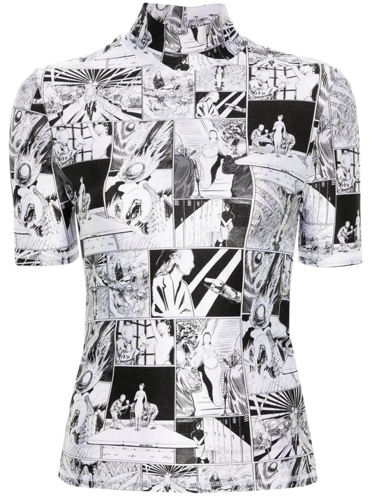 Funnel-Neck Cartoon-Print T-Shirt