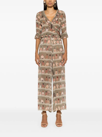 Swimmer-Print Silk Blouse