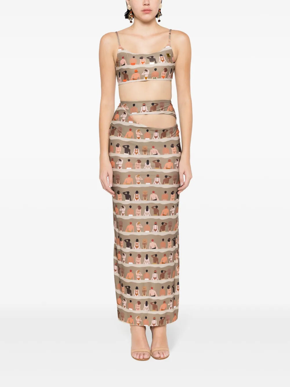 Swimmer-Print Cut-Out Maxi Skirt