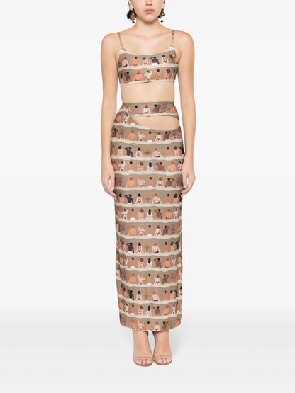 Swimmer-Print Cut-Out Maxi Skirt