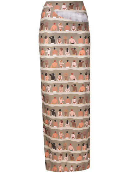 Swimmer-Print Cut-Out Maxi Skirt