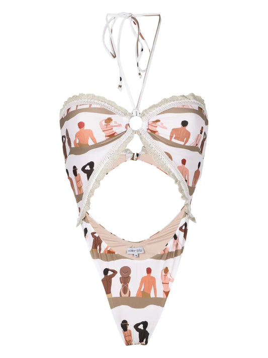 Swimmer-Print Cut-Out One Piece