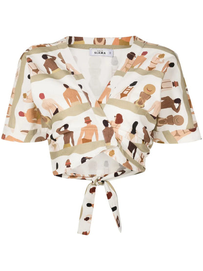 Swimmer-Print Wrap-Front Cotton Shirt