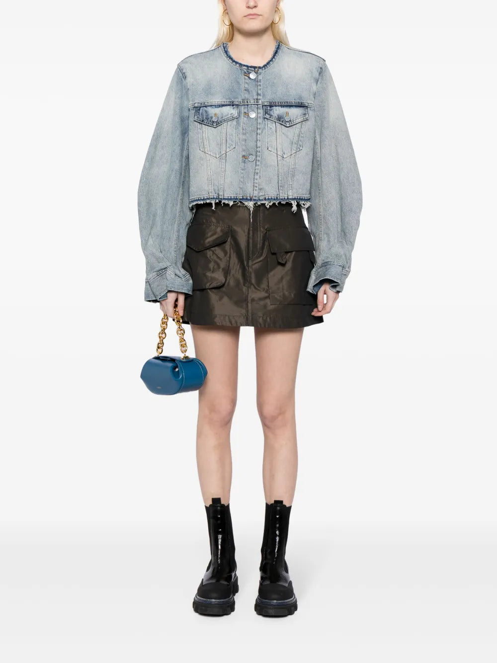 Cropped Collarless Denim Jacket