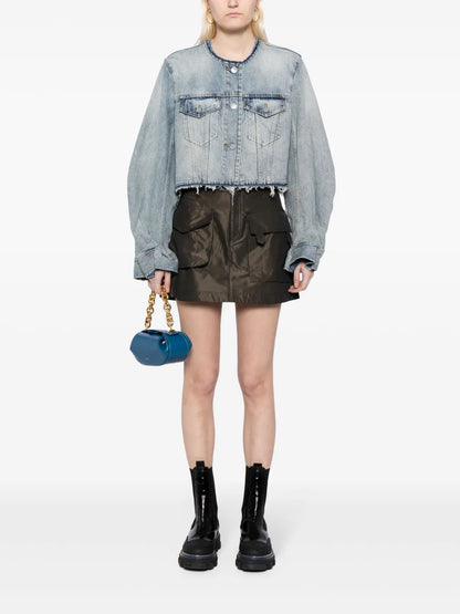 Cropped Collarless Denim Jacket