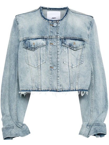 Cropped Collarless Denim Jacket