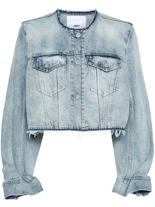 Cropped Collarless Denim Jacket