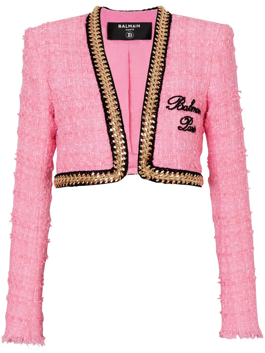 Chain-Trim Tweed Cropped Jacket