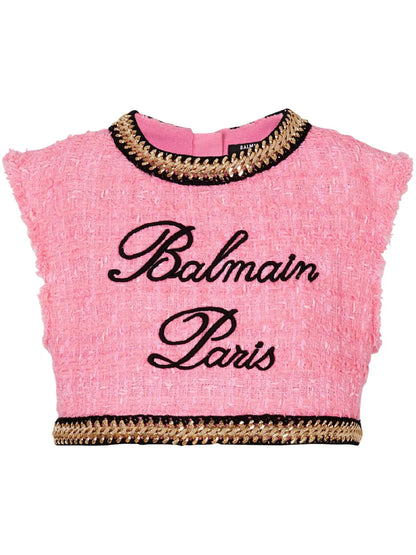 Logo-Embroidered Tweed Crop Top